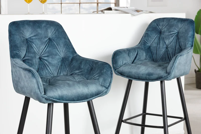 Tabouret de bar design MILANO chaise de bar en velours pétrole avec dossier en métal noir