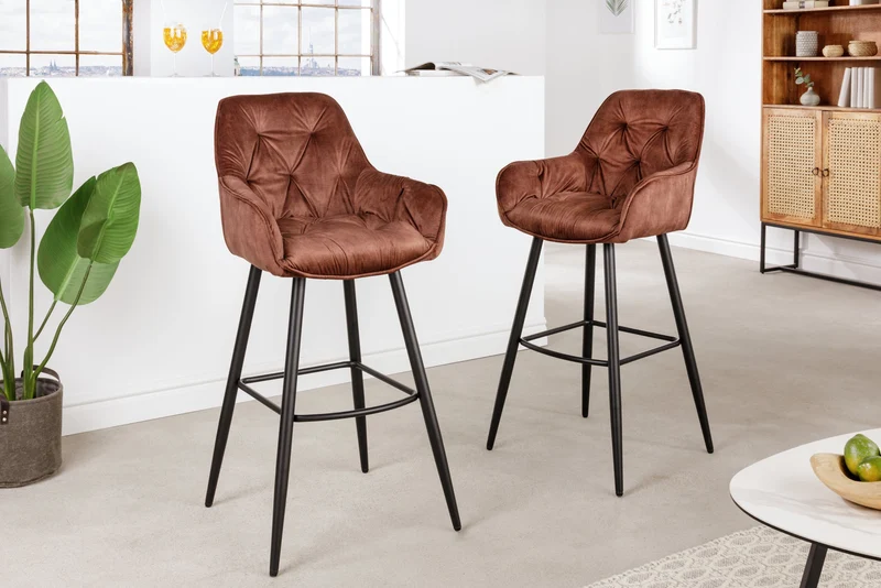 Tabouret de bar design MILANO chaise de bar en velours marron rouille avec dossier en métal matelassé Chesterfield noir