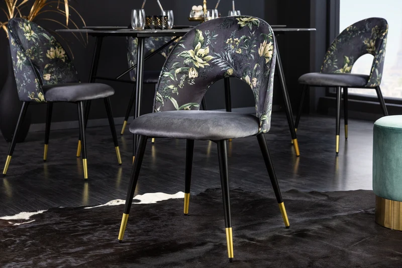 Lot de 2x chaises design PRÊT-À-PORTER en velours gris motif floral et embouts de pieds dorés