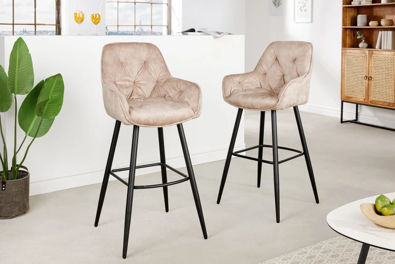Tabouret de bar design MILANO chaise de bar en velours beige champagne avec dossier en métal noir