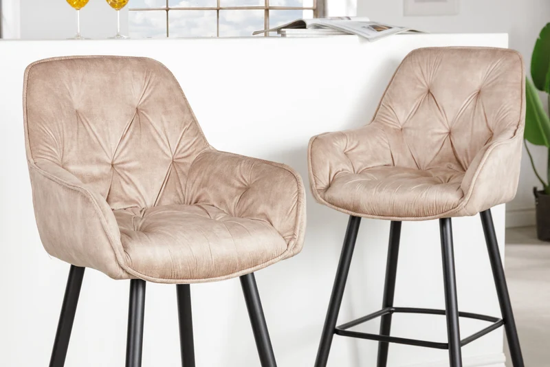 Tabouret de bar design MILANO chaise de bar en velours beige champagne avec dossier en métal noir