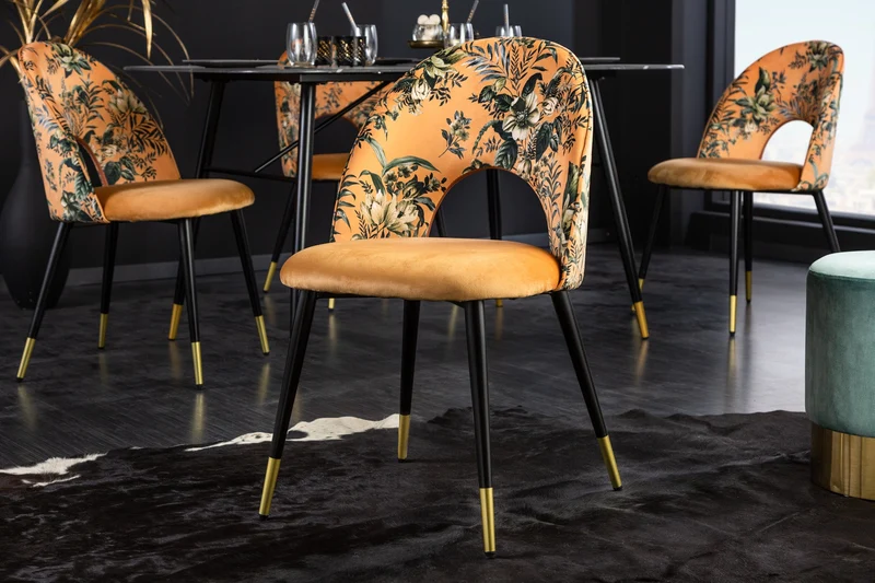 Lot de 2x chaises design PRÊT-À-PORTER en velours jaune motif floral et embouts de pieds dorés