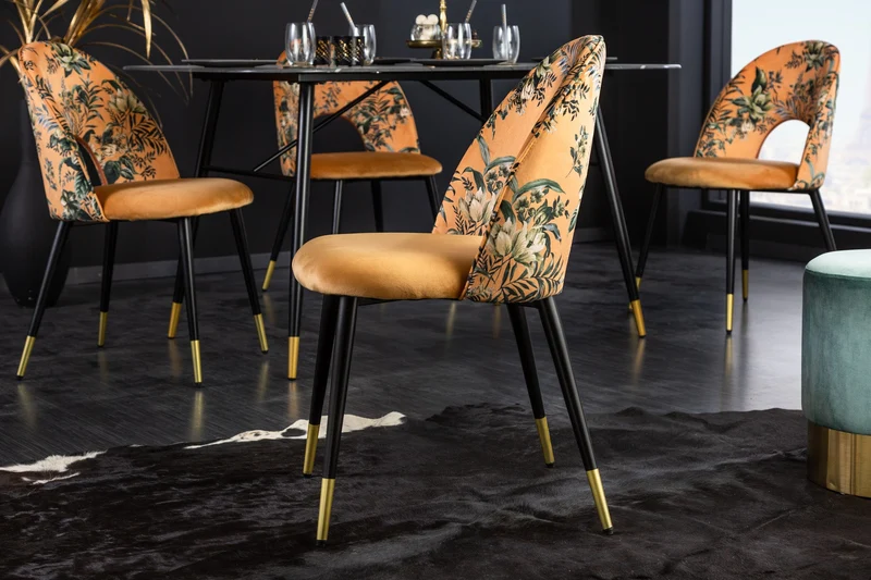 Lot de 2x chaises design PRÊT-À-PORTER en velours jaune motif floral et embouts de pieds dorés