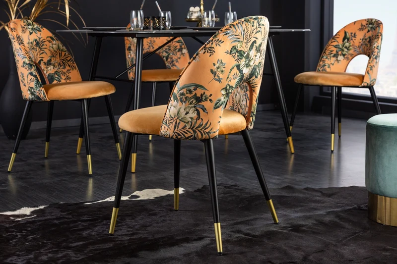 Lot de 2x chaises design PRÊT-À-PORTER en velours jaune motif floral et embouts de pieds dorés