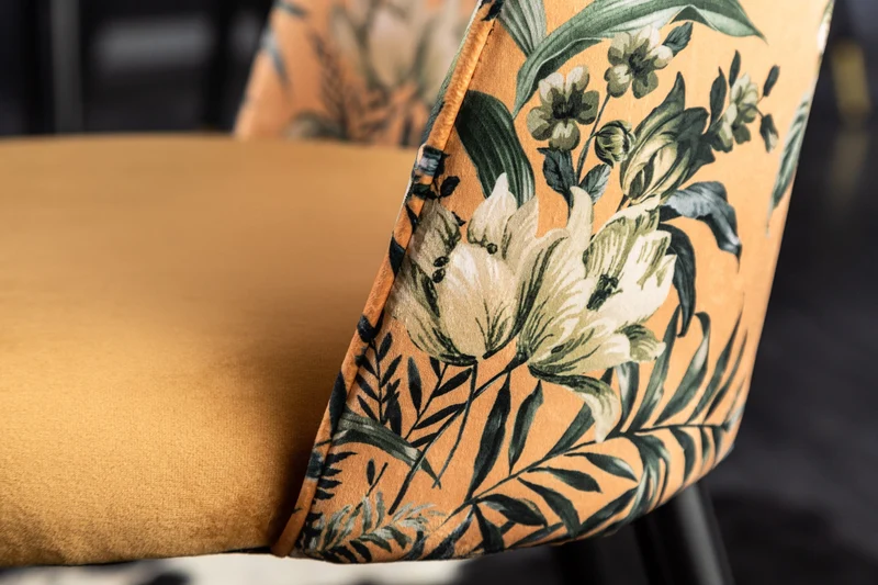 Lot de 2x chaises design PRÊT-À-PORTER en velours jaune motif floral et embouts de pieds dorés