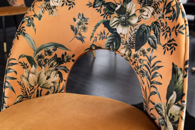 Lot de 2x chaises design PRÊT-À-PORTER en velours jaune motif floral et embouts de pieds dorés