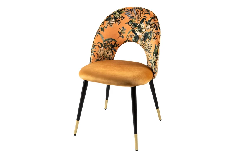 Lot de 2x chaises design PRÊT-À-PORTER en velours jaune motif floral et embouts de pieds dorés