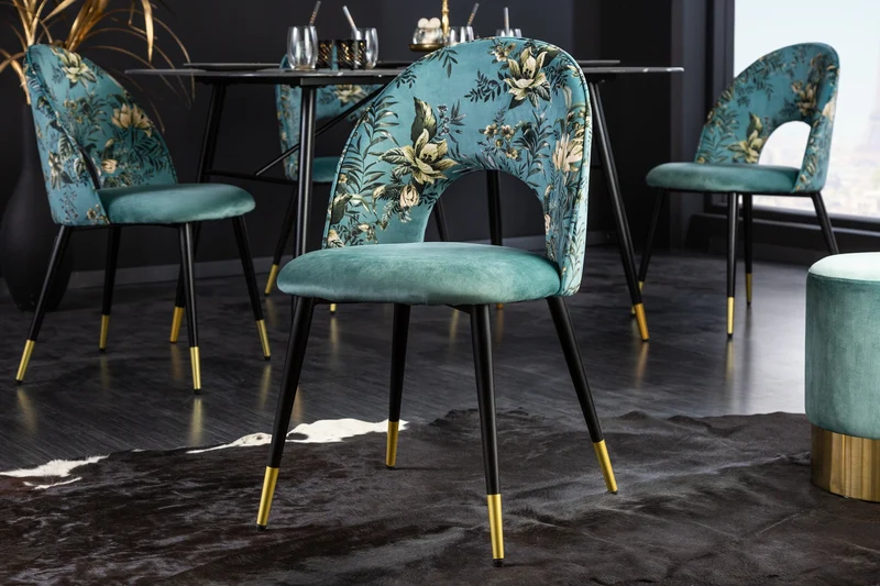 Lot de 2x chaises design PRÊT-À-PORTER en velours turquoise motif floral et embouts de pieds dorés