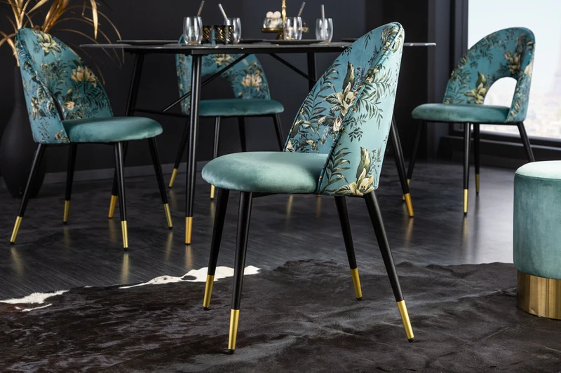 Lot de 2x chaises design PRÊT-À-PORTER en velours turquoise motif floral et embouts de pieds dorés