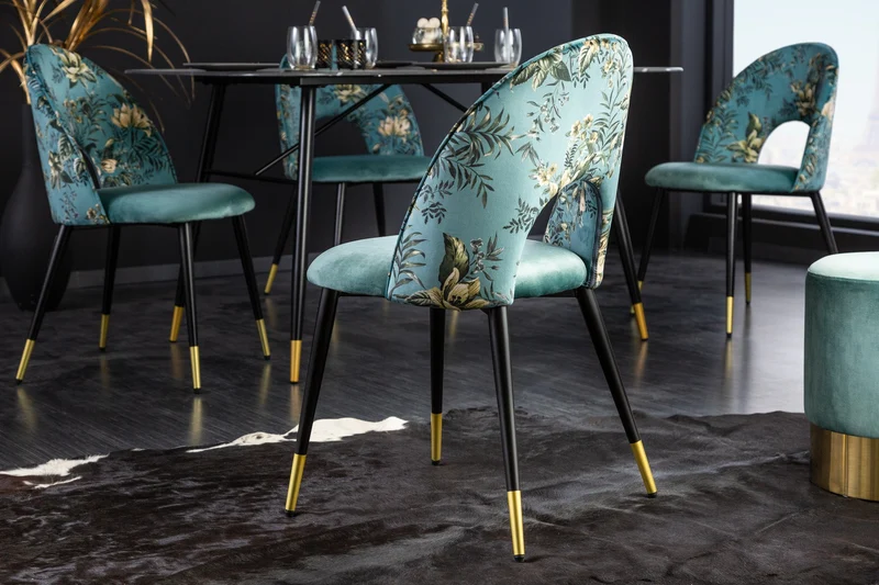 Lot de 2x chaises design PRÊT-À-PORTER en velours turquoise motif floral et embouts de pieds dorés