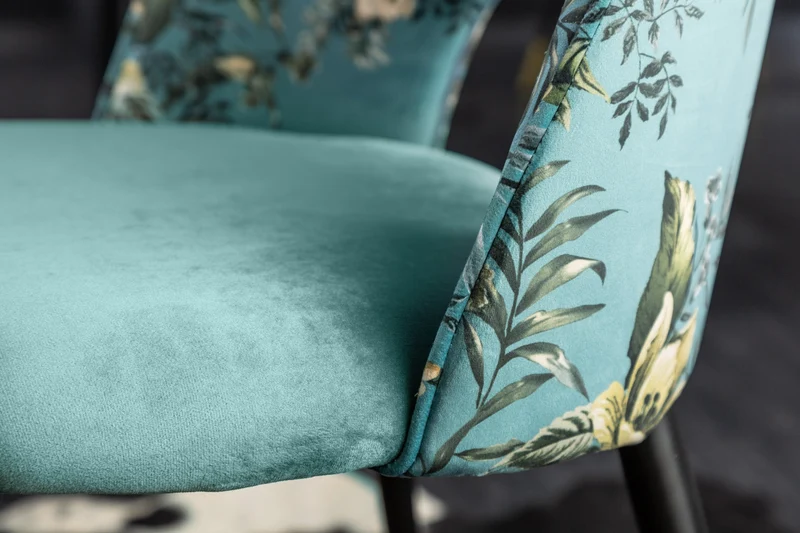 Lot de 2x chaises design PRÊT-À-PORTER en velours turquoise motif floral et embouts de pieds dorés