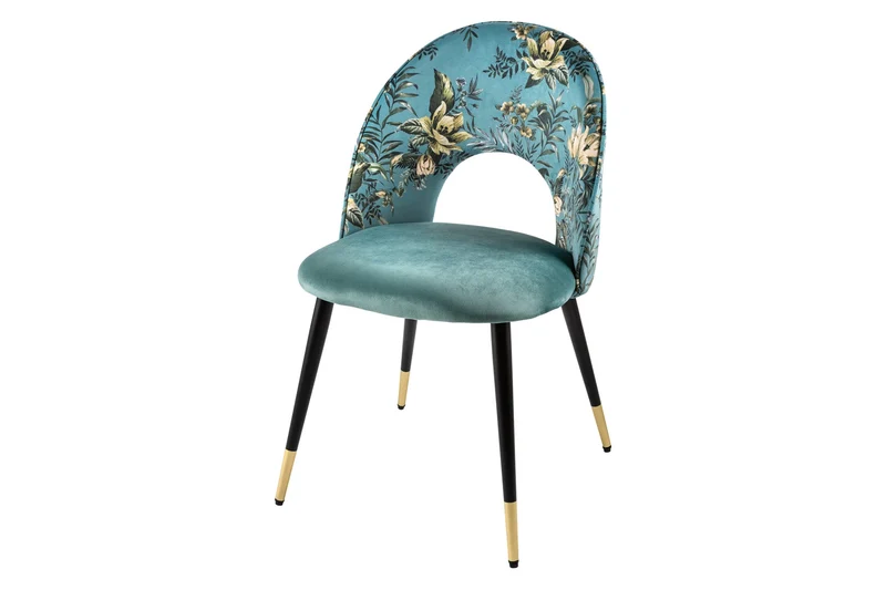 Lot de 2x chaises design PRÊT-À-PORTER en velours turquoise motif floral et embouts de pieds dorés