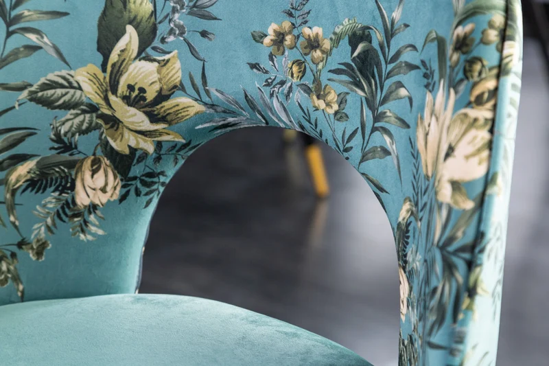 Lot de 2x chaises design PRÊT-À-PORTER en velours turquoise motif floral et embouts de pieds dorés