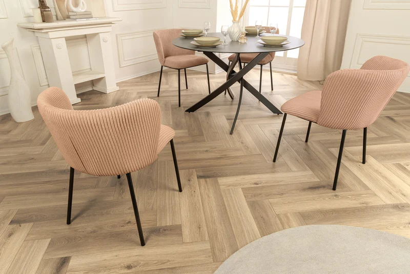 Lot de 2x chaises design LYON velours côtelé rose pieds métal noir