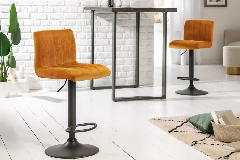 Tabouret de bar pivotant PORTLAND chaise de bar en velours jaune moutarde avec dossier réglable en hauteur