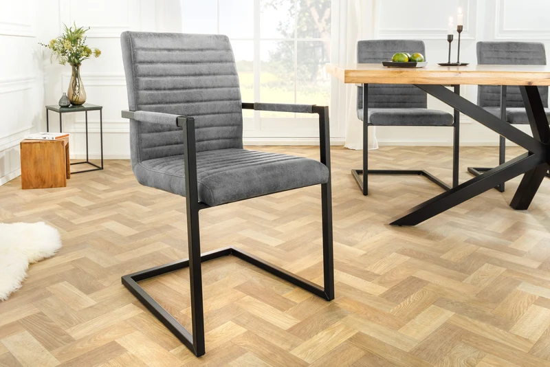 Lot de 2x chaises cantilever industrielle LOFT vintage grise en microfibre avec accoudoirs en acier inoxydable