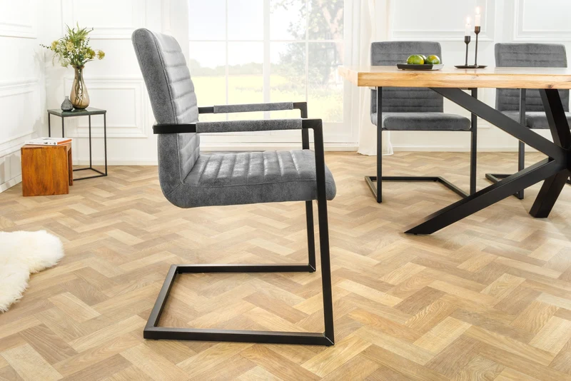 Lot de 2x chaises cantilever industrielle LOFT vintage grise en microfibre avec accoudoirs en acier inoxydable
