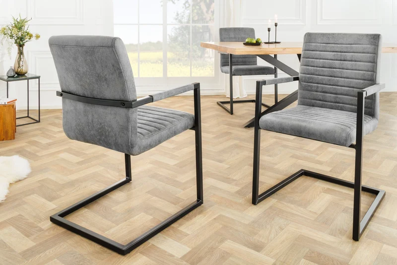 Lot de 2x chaises cantilever industrielle LOFT vintage grise en microfibre avec accoudoirs en acier inoxydable