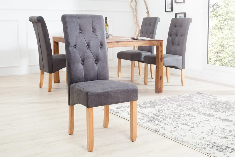 Lot de 2x chaises noble CASA vintage grise avec boutons décoratifs pieds en bois massif