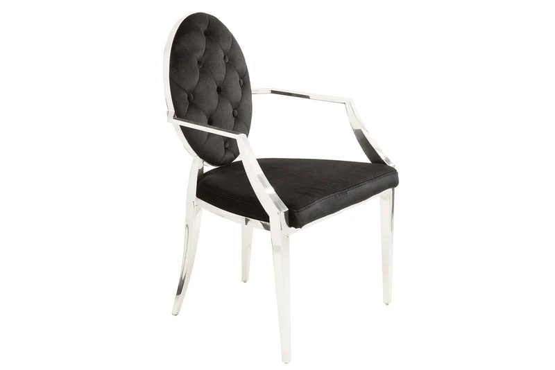 Chaise élégante MODERN BAROCK en velours noir avec accoudoirs et boutons décoratifs