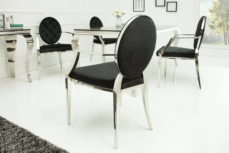 Chaise élégante MODERN BAROCK en velours noir avec accoudoirs et boutons décoratifs