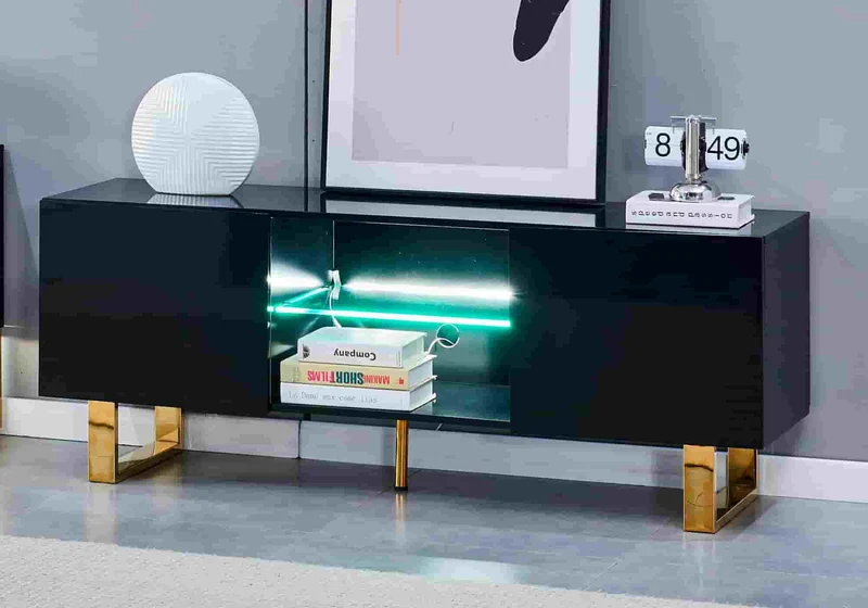 Meuble tv design doré laqué noir - Line