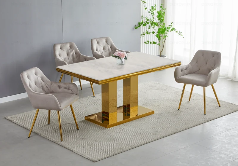 Table à manger marbre beige dorée design - Versus