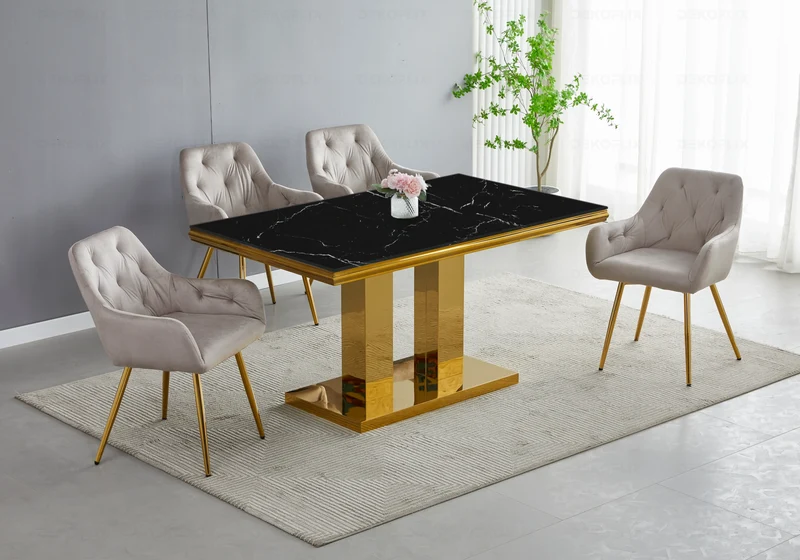 Table à manger marbre noir dorée design - Versus