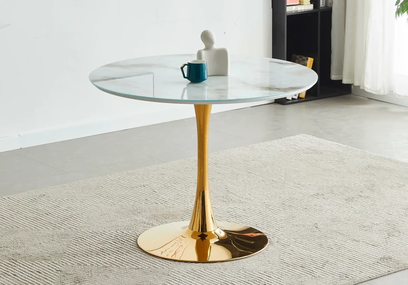 Table à manger ronde dorée marbre blanc - Viola