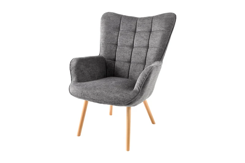Fauteuil moderne SCANDINAVIA tissu structuré gris pieds en bois massif avec accoudoirs