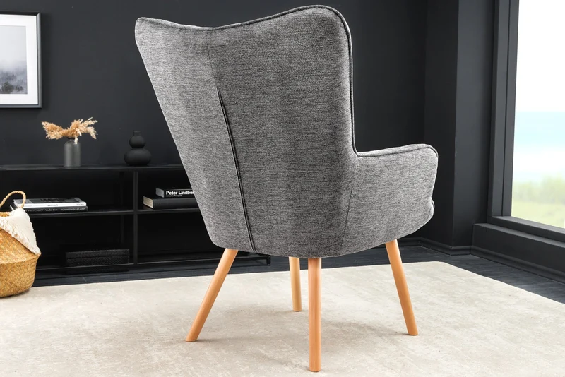 Fauteuil moderne SCANDINAVIA tissu structuré gris pieds en bois massif avec accoudoirs