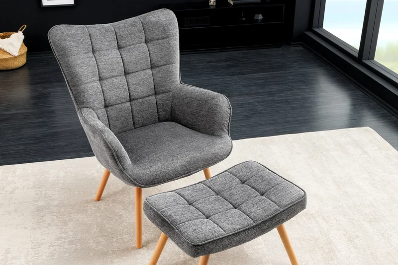 Fauteuil moderne SCANDINAVIA tissu structuré gris pieds en bois massif avec accoudoirs