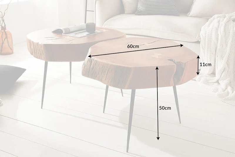 Table basse ronde GOA 60cm bois d'acacia massif tronc d'arbre pieds métal noir