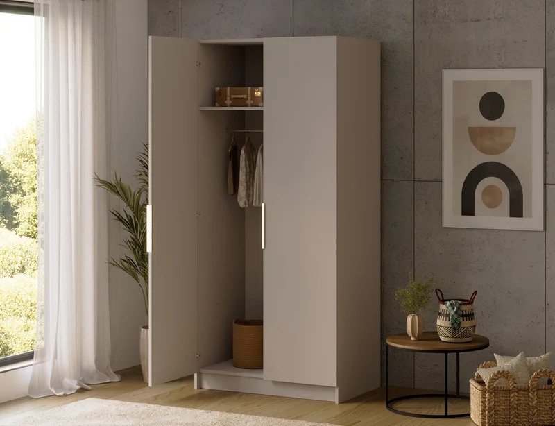 Armoire dressing Léana 100 cm – 2 portes, penderie, étagères, avec ou sans miroir