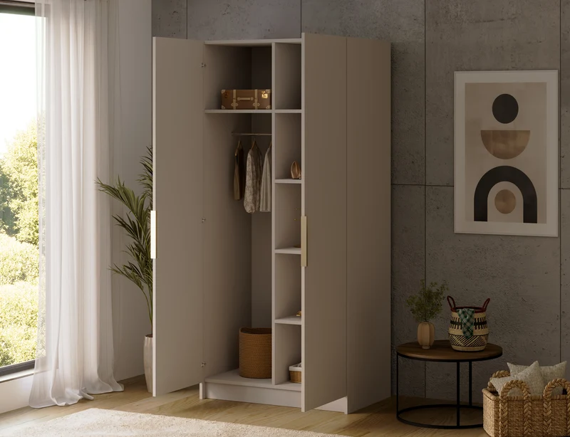 Armoire dressing Léana 100 cm – 2 portes, penderie, étagères, avec ou sans miroir