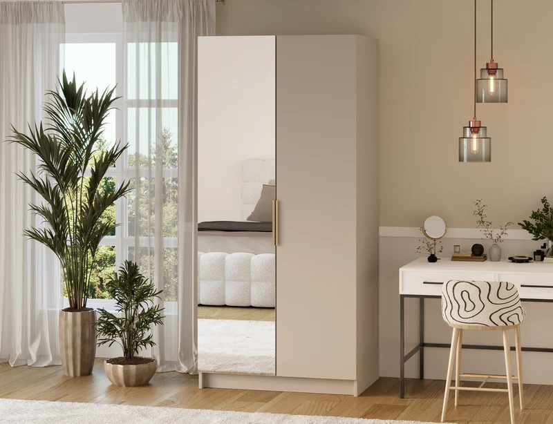Armoire dressing Léana 100 cm – 2 portes, penderie, étagères, avec ou sans miroir