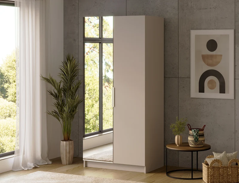 Armoire dressing Léana 100 cm – 2 portes, penderie, étagères, avec ou sans miroir
