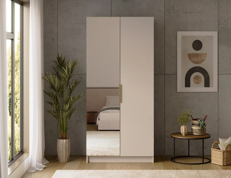 Armoire dressing Léana 100 cm – 2 portes, penderie, étagères, avec ou sans miroir