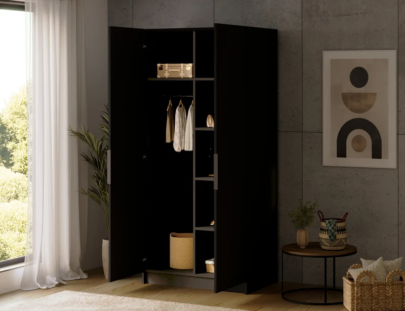 Armoire dressing Léana 100 cm – 2 portes, penderie, étagères, avec ou sans miroir