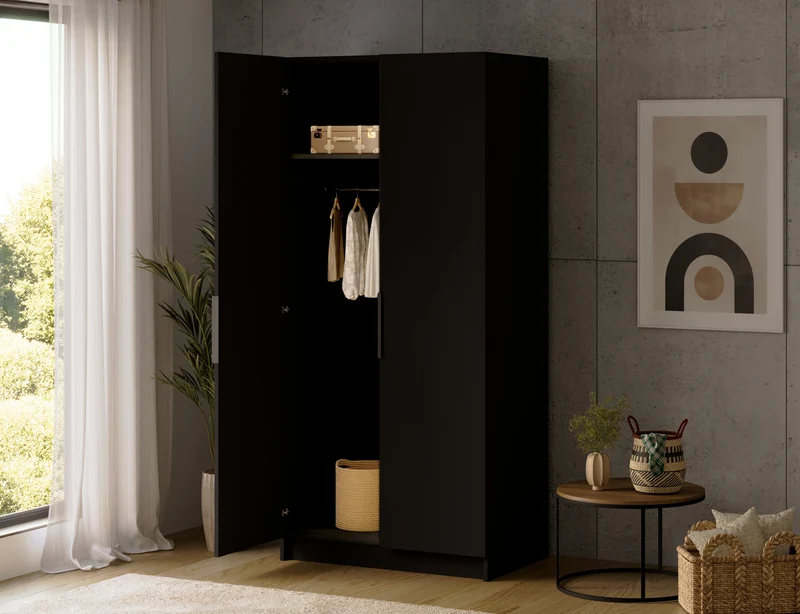 Armoire dressing Léana 100 cm – 2 portes, penderie, étagères, avec ou sans miroir