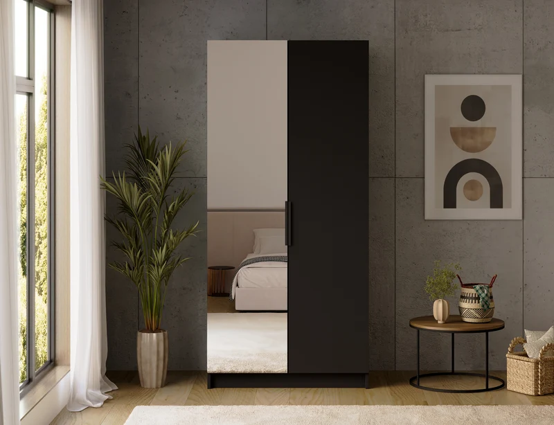 Armoire dressing Léana 100 cm – 2 portes, penderie, étagères, avec ou sans miroir