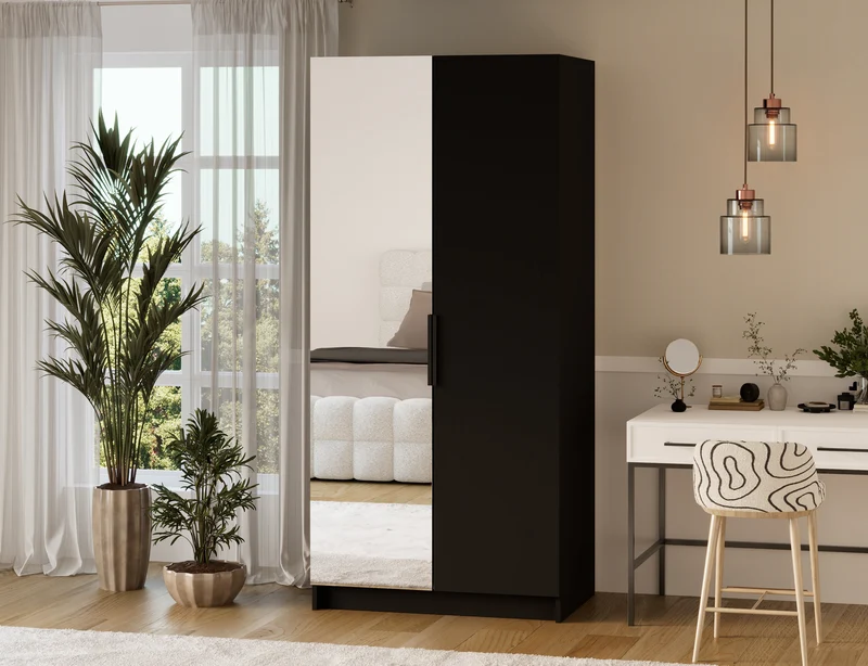 Armoire dressing Léana 100 cm – 2 portes, penderie, étagères, avec ou sans miroir