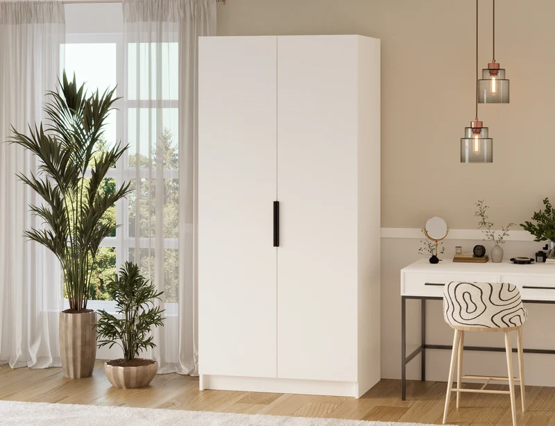 Armoire dressing Léana 100 cm – 2 portes, penderie, étagères, avec ou sans miroir
