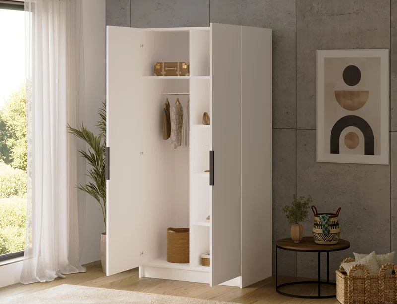 Armoire dressing Léana 100 cm – 2 portes, penderie, étagères, avec ou sans miroir