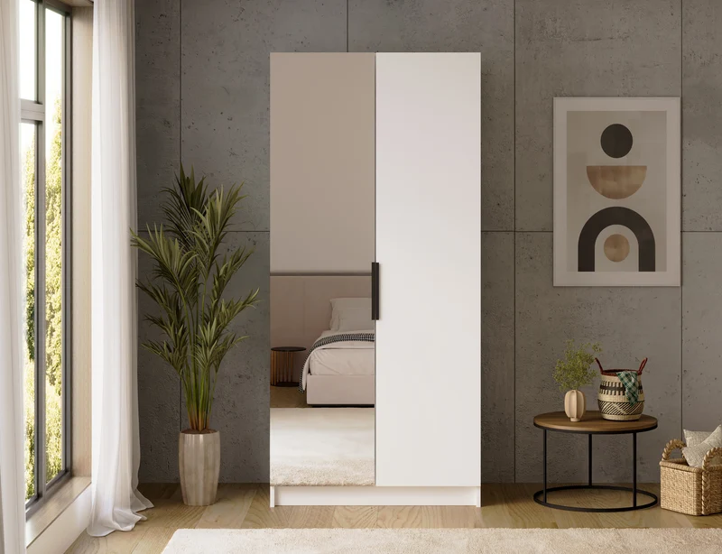 Armoire dressing Léana 100 cm – 2 portes, penderie, étagères, avec ou sans miroir