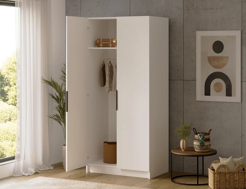 Armoire dressing Léana 100 cm – 2 portes, penderie, étagères, avec ou sans miroir