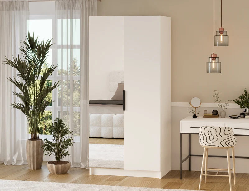 Armoire dressing Léana 100 cm – 2 portes, penderie, étagères, avec ou sans miroir