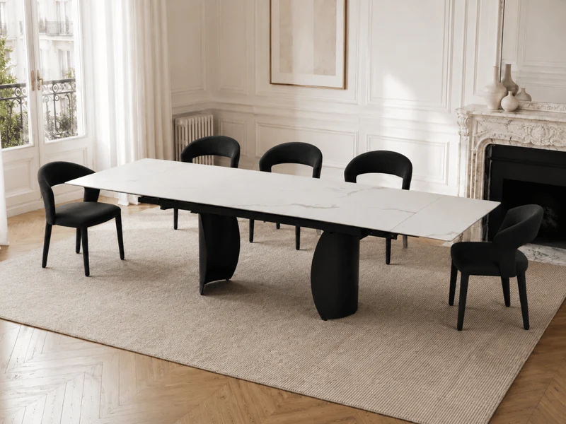 Table à manger extensible Milana 180–260 cm – Céramique effet marbre blanc