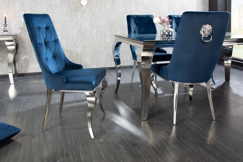 Lot de 2x chaises design MODERNE BAROQUE velours bleu roi avec tête de lion argentée