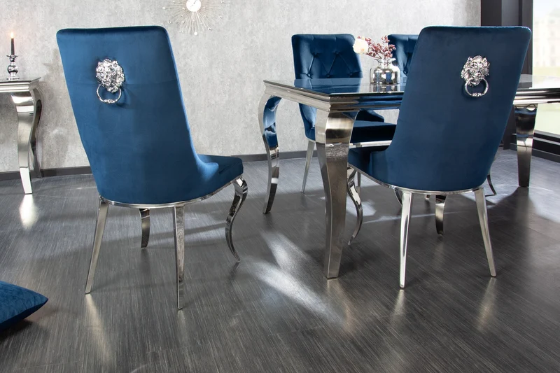 Lot de 2x chaises design MODERNE BAROQUE velours bleu roi avec tête de lion argentée
